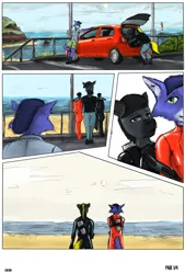 Size: 1300x1920 | Tagged: artist needed, safe, derpibooru import, part of a set, oc, oc:shadow whip, unofficial characters only, anthro, fox, pegasus, comic:watery dive, beach, car, clothes, dive mask, diving suit, duo, duo male, fetish, flippers (gear), furry, furry oc, goggles, image, latex, latex suit, male, ocean, png, scuba diving, scuba gear, sex, water, wingless, wingless anthro