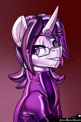 Size: 2000x3000 | Tagged: safe, artist:jedayskayvoker, derpibooru import, oc, oc:bass canon, pony, unicorn, bust, clothes, glasses, gradient background, icon, image, latex, latex socks, latex suit, looking at you, male, png, portrait, rubber, rubber suit, shiny, smiling, smiling at you, socks, solo, stallion