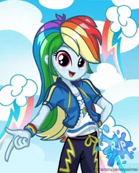 Size: 1080x1335 | Tagged: safe, alternate version, artist:rjp.rammy, derpibooru import, rainbow dash, human, equestria girls, equestria girls series, belly button, blushing, clothes, cutie mark, cutie mark on clothes, female, hand on hip, hoodie, image, jpeg, looking at you, open mouth, open smile, signature, smiling, smiling at you, solo