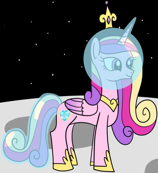 Size: 1184x1291 | Tagged: safe, artist:platinumdrop, derpibooru import, princess cadance, alicorn, pony, cadance's crown on top of helmet, cropped, crown, female, hoof shoes, image, jewelry, mare, moon, png, regalia, solo, space helmet, tail helmet, tiara