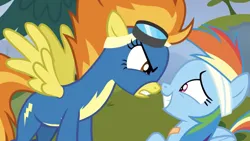 Size: 2001x1125 | Tagged: safe, derpibooru import, screencap, rainbow dash, spitfire, pegasus, pony, newbie dash, angry, bandage, clothes, face to face, female, goggles, image, looking at each other, looking at someone, mare, png, smiling, uniform, wonderbolts, wonderbolts uniform