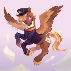 Size: 1080x1080 | Tagged: safe, artist:regularcitrus, derpibooru import, oc, oc:shitfuck, pegasus, pony, blonde, clothes, female, flying, forced meme, hat, image, jpeg, letter, mare, meme, mouth hold, red eyes, signature, simple background, spread wings, telegram pony, uniform, vulgar, wings