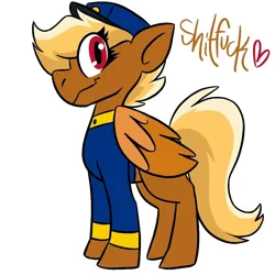 Size: 1000x1000 | Tagged: safe, artist:pandaragons, derpibooru import, oc, oc:shitfuck, pegasus, pony, blonde, clothes, female, folded wings, forced meme, hat, heart, image, mare, meme, png, red eyes, simple background, smiling, telegram pony, text, uniform, vulgar, white background, wings