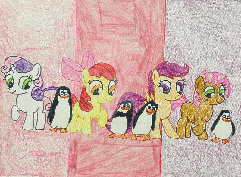 Size: 1280x940 | Tagged: safe, derpibooru import, apple bloom, babs seed, scootaloo, sweetie belle, bird, earth pony, pegasus, penguin, pony, unicorn, crossover, cutie mark crusaders, image, jpeg, kowalski, private (madagascar), rico, skipper, the penguins of madagascar, traditional art