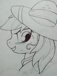 Size: 3072x4096 | Tagged: safe, artist:public mistake, derpibooru import, daring do, pegasus, pony, bust, female, grayscale, grin, image, jpeg, looking back, mare, monochrome, pencil drawing, smiling, solo, traditional art, wip