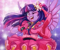 Size: 3597x2998 | Tagged: safe, artist:melodylibris, derpibooru import, twilight sparkle, twilight sparkle (alicorn), alicorn, anthro, pony, blushing, clothes, dress, female, gloves, high res, image, jpeg, looking at you, mare, microphone, one eye closed, open mouth, open smile, oshi no ko, pointing at you, smiling, smiling at you, solo, sparkles, spread wings, wings, wink, winking at you