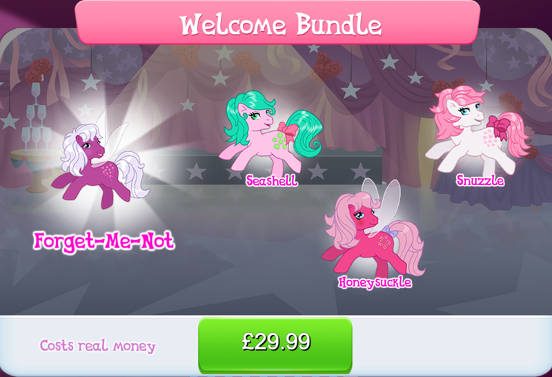 Size: 1266x864 | Tagged: safe, derpibooru import, official, honeysuckle, seashell (g1), snuzzle, earth pony, flutter pony, pony, g1, bow, coin, collection, costs real money, english, female, forget-me-not, gameloft, gem, group, image, jpeg, mare, mobile game, my little pony: magic princess, numbers, tail, tail bow, text, timer, wings