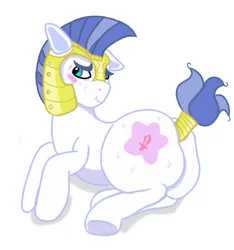 Size: 1100x1173 | Tagged: suggestive, artist:tigerbeetle, derpibooru import, earth pony, pony, accessory, blue mane, blushing, bubble butt, butt, cutie mark, derpibooru exclusive, embarrassed, helmet, image, male, png, royal guard, simple background, stallion, stars, sword, weapon, white background, wide hips