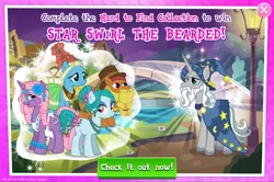 Size: 1964x1304 | Tagged: safe, derpibooru import, official, cattail, cauldron bubbles, meadowbrook, ms. vine, star swirl the bearded, earth pony, pony, unicorn, advertisement, apron, beard, clothes, collection, dress, english, facial hair, female, flower, flower in hair, gameloft, glasses, hair accessory, hat, horn, image, jewelry, jpeg, male, mare, mobile game, my little pony: magic princess, necklace, stallion, text, unshorn fetlocks