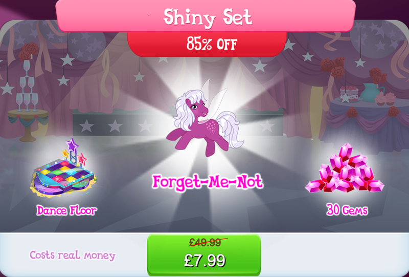 Size: 1267x857 | Tagged: safe, derpibooru import, official, flutter pony, pony, g1, bundle, costs real money, dance floor, english, female, forget-me-not, gameloft, gem, image, jpeg, mare, mobile game, my little pony: magic princess, numbers, text, wings