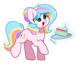 Size: 3495x2923 | Tagged: safe, artist:kittyrosie, derpibooru import, oc, unofficial characters only, pony, unicorn, cake, food, fork, glow, glowing horn, horn, image, open mouth, png, raised hoof, unicorn oc
