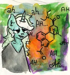 Size: 1791x1920 | Tagged: safe, artist:ploskostnost, derpibooru import, lyra heartstrings, anthro, unicorn, abstract background, ald-52, chemistry, drugs, image, jpeg, lidded eyes, molecule, solo