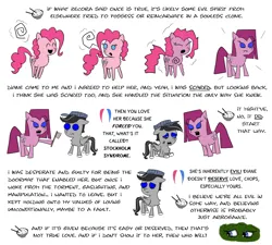 Size: 3272x2944 | Tagged: safe, artist:chopsticks, derpibooru import, pinkie pie, oc, oc:chopsticks, earth pony, pegasus, pony, comic:wtb is this?, abuse, chest fluff, clone, comic, crying, dialogue, fangs, female, hat, hiding, hiding in bushes, hoof hold, husband and wife, image, male, mare, meat cleaver, pinkamena diane pie, pinkie clone, png, possession, reincarnation, simple background, stallion, text, threatening, transformation, unshorn fetlocks, weapon, white background