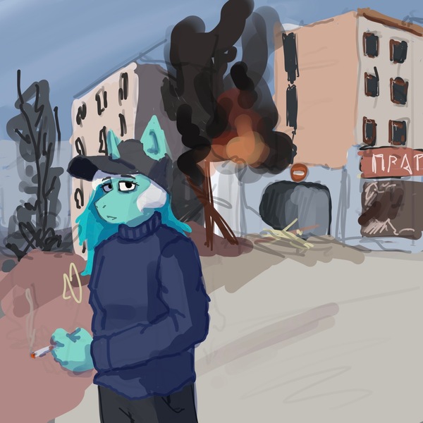 Size: 2048x2048 | Tagged: safe, artist:ploskostnost, banned from derpibooru, deleted from derpibooru, derpibooru import, lyra heartstrings, anthro, unicorn, cap, cigarette, city, clothes, fire, hat, image, jpeg, solo, sweater