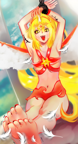 Size: 1900x3500 | Tagged: suggestive, artist:fecchi-freya, derpibooru import, daybreaker, human, alicorn humanization, armpits, barefoot, belly button, blushing, bondage, breasts, clothes, commission, crying, erotic tickling, feather, feet, female, femsub, fetish, foot fetish, horn, horned humanization, humanized, image, jewelry, laughing, nail polish, open mouth, panties, png, regalia, rope, rope bondage, sitting, soles, solo, solo female, submissive, sweat, tears of laughter, tickle fetish, tickle torture, tickling, toenail polish, underwear, winged humanization, wings