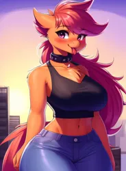 Size: 1800x2444 | Tagged: safe, derpibooru import, editor:parzive1, machine learning generated, stable diffusion, scootaloo, anthro, pegasus, pony, ai content, belly button, blushing, bra, breasts, buff, busty scootaloo, chest fluff, city, clothes, collar, crop top bra, denim, female, generator:purplesmart.ai, giant pony, giantess, image, jeans, long hair, long tail, looking at you, macro, mare, muscles, muscular female, older, older scootaloo, pants, png, prompter:parzive1, sexy, short shirt, smiling, solo, strongaloo, stupid sexy scootaloo, tail, thighs, thunder thighs, tongue out, underwear, wide hips