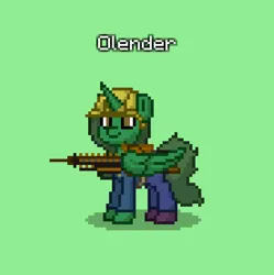 Size: 829x832 | Tagged: safe, derpibooru import, oc, oc:olender, unofficial characters only, alicorn, pony, fallout equestria, pony town, alicorn oc, artificial alicorn, clothes, gauss rifle, green alicorn (fo:e), green background, gun, hard hat, hat, horn, image, jpeg, jumpsuit, pixel art, ponytail, simple background, tail, vault suit, weapon, wings