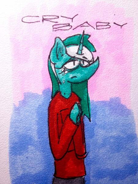 Size: 1224x1632 | Tagged: safe, artist:ploskostnost, derpibooru import, lyra heartstrings, anthro, unicorn, crying, image, jpeg, solo, traditional art