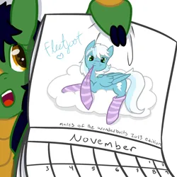 Size: 2000x2000 | Tagged: safe, artist:maplesquidarts, derpibooru import, part of a set, fleetfoot, oc, oc:kappa the kirin, kirin, pony, alternate hairstyle, calendar, clothes, cloud, image, png, socks, solo focus