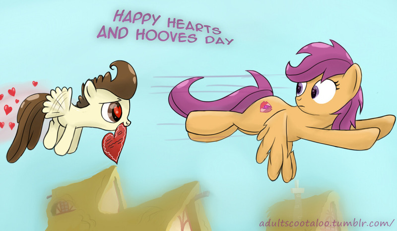 Size: 1200x697 | Tagged: safe, artist:redheadfly, derpibooru import, pound cake, scootaloo, age difference, crack shipping, cute, cutie mark, female, flying, heart, heart eyes, hearts and hooves day, holiday, image, jpeg, male, older, scootaloo can fly, scootapound, shipping, solo, straight, the cmc's cutie marks, tumblr:ask-adultscootaloo, valentine's day, wingding eyes