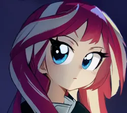 Size: 576x512 | Tagged: safe, derpibooru import, editor:luckreza8, machine learning generated, sunset shimmer, human, equestria girls, :i, ai content, anime, generator:pinegraph, image, png, simple background, solo