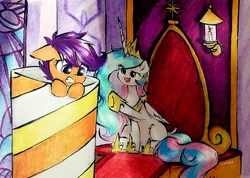 Size: 680x483 | Tagged: safe, artist:liaaqila, derpibooru import, princess celestia, scootaloo, alicorn, pegasus, pony, cannon, do you like bananas?, friendship is magic bitch, image, jewelry, jpeg, pony cannonball, regalia, this will end in tears and/or a journey to the moon, throne, throne room, to the moon, trollestia