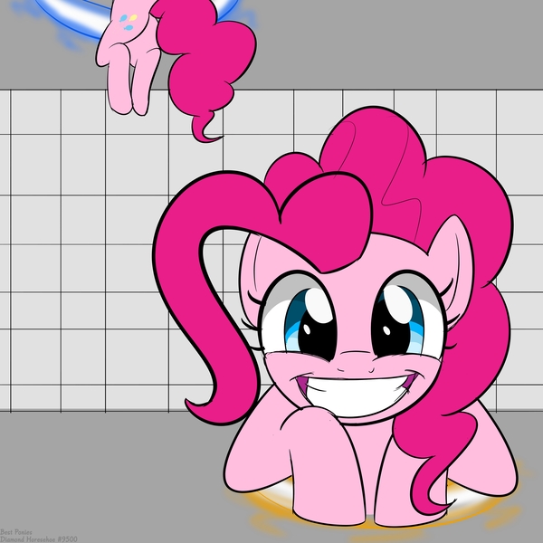 Size: 3000x3000 | Tagged: safe, alternate version, artist:bestponies, artist:bestponies art, derpibooru import, edit, pinkie pie, earth pony, pony, cute, female, grin, image, jpeg, looking at you, mare, now you're thinking with portals, portal, portal (valve), smiling, solo