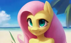 Size: 1280x768 | Tagged: safe, ai content, derpibooru import, machine learning generated, pony diffusion, stable diffusion, fluttershy, anthro, g4, bare shoulder portrait, bare shoulders, beach, bust, generator:pony diffusion v4, green eyes, image, jpeg, looking at you, ocean, portrait, prompt in description, prompter:marusame, solo, upper body, water