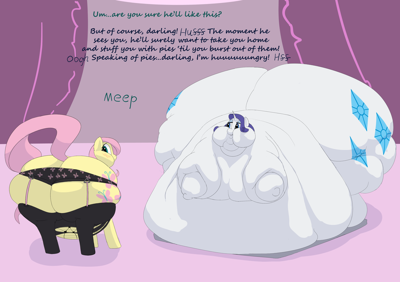 Size: 3286x2320 | Tagged: questionable, artist:lupin quill, derpibooru import, fluttershy, rarity, pegasus, pony, unicorn, belly, belly bed, big belly, bingo wings, blob, blushing, both cutie marks, butt, chubby cheeks, clothes, corset, dialogue, fat, fat fetish, fattershy, female, females only, fetish, flabby chest, garter straps, huge belly, huge butt, image, immobile, impossibly large belly, impossibly large butt, impossibly obese, large butt, lingerie, looking back, mattress, morbidly obese, multichin, neck roll, obese, panties, panting, png, raritubby, rolls of fat, socks, stockings, stretched cutie mark, the ass was fat, thigh highs, underwear