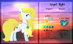 Size: 3439x2087 | Tagged: safe, artist:angellightyt, derpibooru import, oc, oc:angel light, unofficial characters only, pegasus, pony, base used, colored wings, female, halo, image, mare, pegasus oc, png, raised hoof, reference sheet, smiling, solo, story included, two toned wings, wings