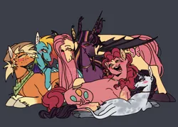 Size: 1200x860 | Tagged: safe, artist:p0rk-guts, derpibooru import, applejack, fluttershy, pinkie pie, rainbow dash, rarity, twilight sparkle, alicorn, bat pony, bat pony alicorn, earth pony, pegasus, pony, unicorn, alternate design, alternate versions at source, bandana, bat ponified, bat wings, blush lines, blushing, cowboy hat, ear piercing, ear tufts, earring, fangs, female, flutterbat, gray background, hat, horn, horn jewelry, image, jewelry, lesbian, looking at each other, looking at someone, mane six, necklace, obtrusive watermark, omniship, piercing, png, polyamory, ponytail, race swap, redesign, ring, shipping, simple background, tail, tail ring, twitterina design, watermark, wings