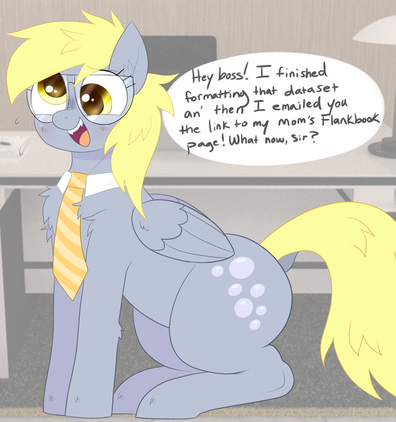 Size: 3000x3200 | Tagged: safe, artist:mclovin, derpibooru import, derpy hooves, pegasus, pony, chest fluff, dock, female, glasses, image, mare, necktie, png, sitting, smiling, speech bubble, tail, text