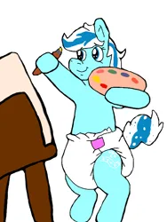 Size: 512x680 | Tagged: suggestive, derpibooru import, oc, oc:snow frost, brush, canvas, diaper, female, image, non-baby in diaper, paint, painting, png, simple background, white background