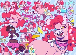 Size: 2048x1486 | Tagged: safe, artist:p0rk-guts, derpibooru import, pinkie pie, earth pony, human, pony, alternate versions at source, bowtie, clothes, dark skin, ear piercing, earring, heterochromia, humanized, image, jewelry, jpeg, necklace, piercing, ponytail, redesign, skirt