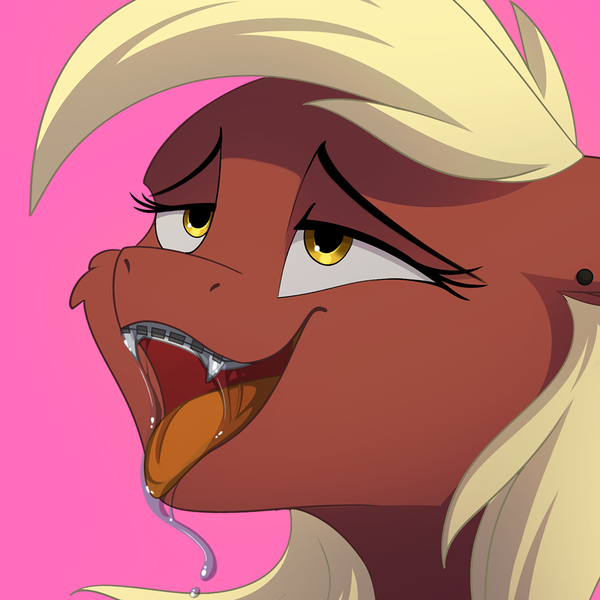 Size: 1000x1000 | Tagged: artist needed, source needed, questionable, derpibooru import, oc, oc:picture perfect, bedroom eyes, braces, drool, ear piercing, fangs, female, floppy ears, image, open mouth, oral invitation, piercing, png, seductive, sharp teeth, solo, solo female, teeth