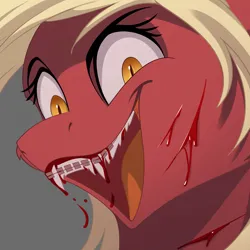 Size: 1000x1000 | Tagged: artist needed, source needed, grimdark, derpibooru import, oc, oc:picture perfect, bat pony, blood, braces, eyelashes, fangs, female, image, intimidating, open mouth, png, scratches, sharp teeth, teeth