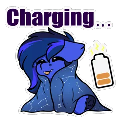 Size: 963x915 | Tagged: safe, artist:rokosmith26, derpibooru import, oc, oc:guard cobalt flash, unofficial characters only, bat pony, :p, battery, blanket, charging, chest fluff, commission, eyes closed, floppy ears, happy, image, png, prisoners of the moon, tongue out, ych result