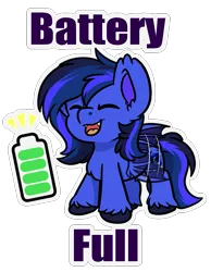 Size: 831x1069 | Tagged: safe, artist:rokosmith26, derpibooru import, oc, oc:guard cobalt flash, bat pony, battery, chest fluff, commission, eyes closed, floppy ears, happy, image, open mouth, png, social battery, standing, wings, ych result