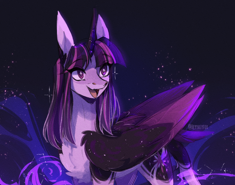 Size: 2017x1588 | Tagged: safe, artist:iheyyasyfox, derpibooru import, twilight sparkle, twilight sparkle (alicorn), alicorn, pony, alternate design, body markings, chest fluff, colored horn, colored pupils, colored wings, constellation, draw this in your style, draw this twi by jsunlight, female, horn, image, large wings, leonine tail, mare, open mouth, open smile, png, signature, smiling, solo, starry eyes, starry wings, stars, tail, turned head, twitterina design, two toned wings, wingding eyes, wings