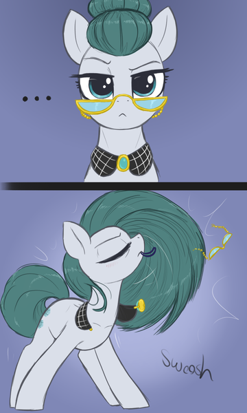 Size: 1800x3000 | Tagged: safe, artist:t72b, derpibooru import, cloudy quartz, earth pony, pony, eyes closed, female, glasses, hair bun, hair flip, hair tie, image, jewelry, looking at you, loose hair, mare, milf, mouth hold, necklace, png, solo, stupid sexy cloudy quartz, this will end in pain, this will end in snu snu