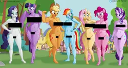 Size: 1280x681 | Tagged: source needed, suggestive, artist:el-doc, derpibooru import, edit, applejack, fluttershy, pinkie pie, rainbow dash, rarity, starlight glimmer, twilight sparkle, twilight sparkle (alicorn), alicorn, anthro, earth pony, pegasus, plantigrade anthro, pony, unicorn, applejacked, belly button, big breasts, breast blush, breasts, busty applejack, busty fluttershy, busty mane six, busty pinkie pie, busty rainbow dash, busty rarity, busty starlight glimmer, busty twilight sparkle, casual nudity, censor bar, censored, chubby, fat, feet, female, females only, hand on hip, huge breasts, image, mane six, mare, muscles, muscular female, nail polish, naked six, nipples, nudity, plump, png, pudgy pie, sexy, size comparison, smiling, toenail polish, wide hips