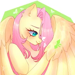 Size: 1610x1610 | Tagged: safe, artist:julieee3e, derpibooru import, fluttershy, butterfly, insect, pegasus, pony, butterfly on nose, fanart, female, image, insect on nose, looking at something, mare, png, smiling, solo, wings