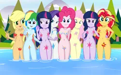 Size: 1280x796 | Tagged: source needed, suggestive, artist:succubi samus, derpibooru import, edit, applejack, fluttershy, pinkie pie, rainbow dash, rarity, sci-twi, sunset shimmer, twilight sparkle, equestria girls, artistic nudity, belly button, breasts, butt touch, camp everfree, casual nudity, censored, complete nudity, cutie mark, delicious flat chest, embarrassed, embarrassed nude exposure, exhibitionism, female, females only, glasses, hand on butt, humane five, humane seven, humane six, image, lake, lidded eyes, loose hair, mane six, naked six, nipples, no pubic hair, nudity, peace sign, pine tree, png, public nudity, rainbow flat, shaved, skinny dipping, smiling, teenager, tree, twolight, wallpaper, wallpaper for the fearless, water