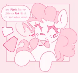 Size: 1467x1381 | Tagged: safe, artist:p0rk-guts, derpibooru import, pinkie pie, earth pony, pony, blush lines, blushing, eyes closed, image, pink background, png, simple background, solo, speech bubble