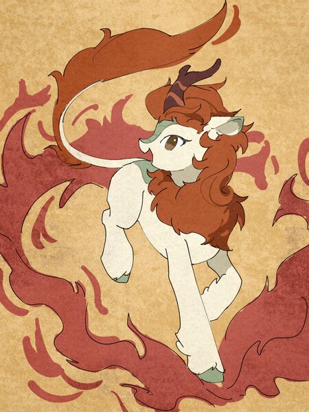 Size: 1620x2160 | Tagged: safe, artist:lendftcn, derpibooru import, autumn blaze, kirin, female, fire, image, jpeg, looking at you, no pupils, open mouth, open smile, smiling, smiling at you, solo, turned head
