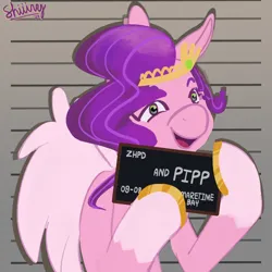 Size: 2000x2000 | Tagged: safe, artist:shiiiny, derpibooru import, pipp petals, pegasus, pony, g5, barbie mugshot meme, coat markings, colored hooves, colored wings, digital art, eyebrows, female, hoof hold, image, looking at you, mare, meme, mugshot, open mouth, open smile, png, signature, smiling, smiling at you, socks (coat marking), solo, spread wings, sweat, sweatdrop, wings