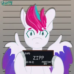 Size: 2000x2000 | Tagged: safe, artist:shiiiny, derpibooru import, zipp storm, pegasus, pony, g5, barbie mugshot meme, colored wings, eyebrows, female, hoof hold, image, looking at you, mare, meme, mugshot, open mouth, png, signature, solo, spread wings, wings, worried