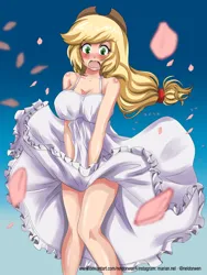 Size: 1500x2000 | Tagged: safe, artist:neldorwen, derpibooru import, applejack, human, big breasts, blushing, breasts, busty applejack, clothes, commission, female, humanized, image, jpeg, marilyn monroe, movie reference, open mouth, skirt, skirt blow, solo, the seven year itch