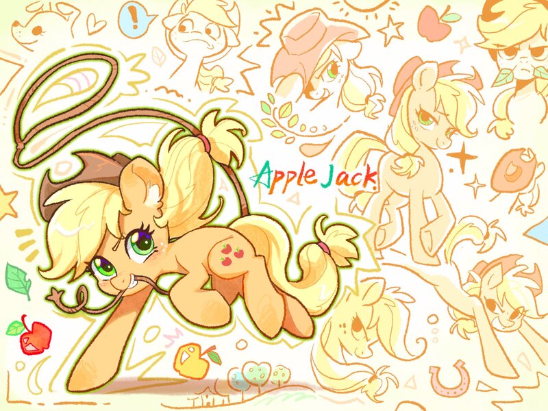 Size: 2160x1620 | Tagged: safe, artist:千雲九枭, derpibooru import, part of a set, applejack, earth pony, pony, apple, applejack's hat, cowboy hat, cute, female, food, hat, image, jackabetes, jpeg, lasso, looking at you, mare, name, rope, solo