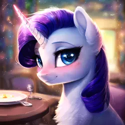 Size: 2560x2560 | Tagged: safe, derpibooru import, machine learning generated, novelai, stable diffusion, rarity, pony, unicorn, ai content, blurry background, blushing, bust, cute, female, fluffy, high res, horn, image, indoors, lidded eyes, looking at you, mare, png, portrait, prompter:endless--, restaurant, sitting, smiling, smiling at you, solo, table